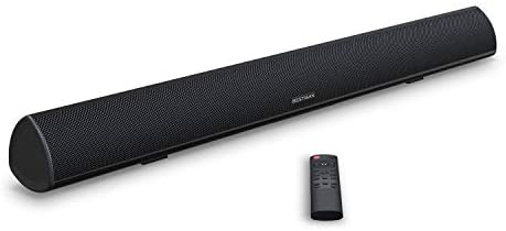 Soundbar, BESTISAN TV Sound Bar with Dual Bass Ports Wired and Wireless Bluetooth 5.0 Home Theater System (28 Inch, Enhanced Bass Technology, 3-Inch Drivers, Bass Adjustable, Wall Mountable, DSP)