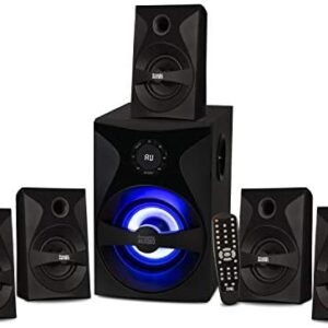 Acoustic Audio by Goldwood Bluetooth 5.1 Surround Sound System with LED Light Display, FM Tuner, USB and SD Card Inputs - 6-Piece Home Theater Speaker Set, Includes Remote Control - AA5400 Black