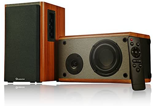 Wohome Bookshelf Speakers Remote Control Bluetooth/RCA/Opt 80W Powered Active Home Theater Speaker (Pair, Wooden Enclosure, Wood Color, 4 Inch Driver, Model S106)