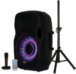 Acoustic Audio by Goldwood Bluetooth LED Light Display Speaker Set - Includes Microphone, Remote Control, and Stand - 15 Inch Portable Sound System, 1000W - AA15LBS, Black, 16 x 14 x 27 Inches