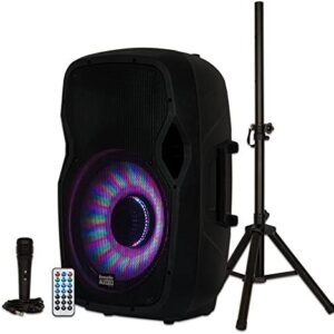 Acoustic Audio by Goldwood Bluetooth LED Light Display Speaker Set - Includes Microphone, Remote Control, and Stand - 15 Inch Portable Sound System, 1000W - AA15LBS, Black, 16 x 14 x 27 Inches