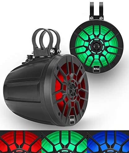 BOSS Audio Systems B6RGB ATV UTV Marine Roll Cage Waketower Speaker Pods – IPX6 Rated Weatherproof, Amplified, 6.5 Inch, Full Range, 2 Way, Bluetooth, RGB LED Illumination, Aux in, Sold in Pairs